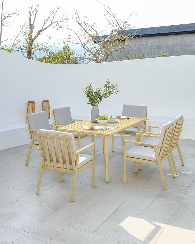 Never-Rust Outdoor Patio Dining Table for 6, Aluminum Outdoor Dining Table with Umbrella Hole, 6 Person Patio Dining Table Furniture for Decks, Garden, Porch, Lawn, Maple Wood