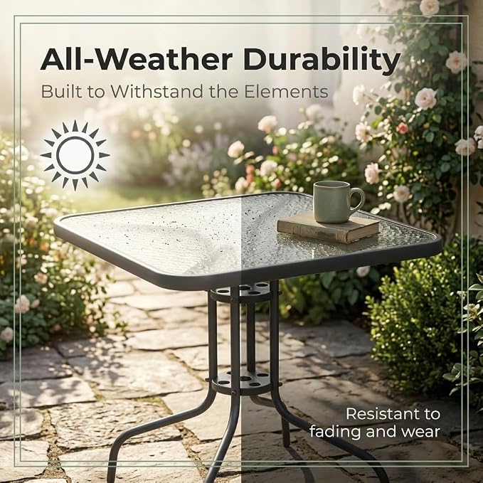 31.5" Outdoor Glass Patio Table, Square Tempered Glass Top with Metal Frame, Bistro Dining Table for Balcony, Garden, Patio, Assembly Required