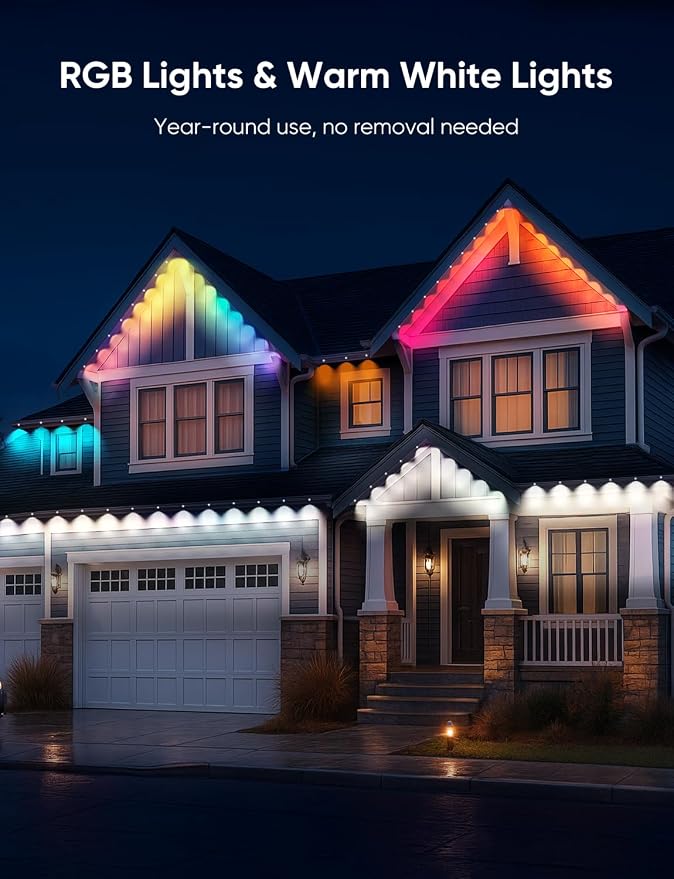 RGBW Permanent Outdoor Lights for House 100ft, with 72 LED Bulbs | IP65 Waterproof, 54 Scene Modes, 2700K Warm White, Individual Control, Permanent Lights Compatible with Alexa, Google
