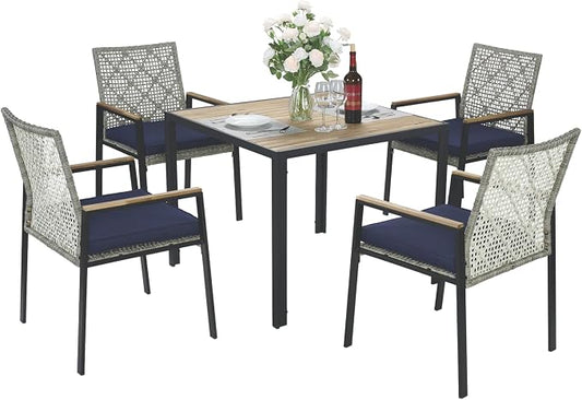 5-Piece Outdoor Patio Furniture Dining Set, All-Weather Rattan Conversation Set with Umbrella Hole, Weather Resistant Tables and Chairs for Garden/Backyard Deck (Light Gray)