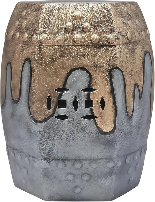 Decorative Ceramic Garden Stool, Hand-Crafted Outdoor Side Table, Shoe Changing Drum Stool for Patio, Living Room Accent Furniture(Gold)
