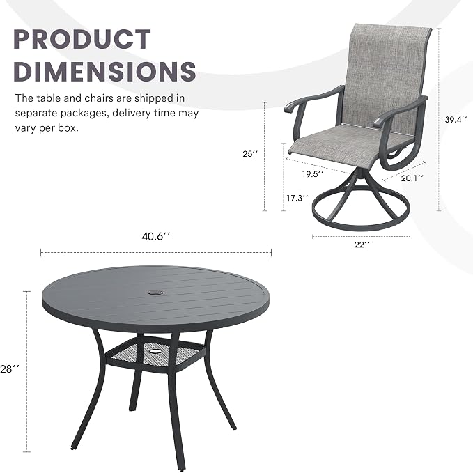 5 Pieces Patio Furniture Dining Set, 4 Textilene Swivel Dining Chairs, 41" Outdoor Round Metal Table with 1.57" Umbrella Hole, Outdoor Dining Set for Porch, Lawn, Dark Grey/Grey
