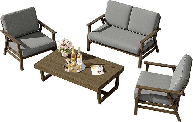 4 Pieces Patio Furniture Sets, Teak Wood Outdoor Sectional Furniture with Coffee Table, 4 Seats Patio Sofa Couch Conversation Set for Backyard Deck - Gray