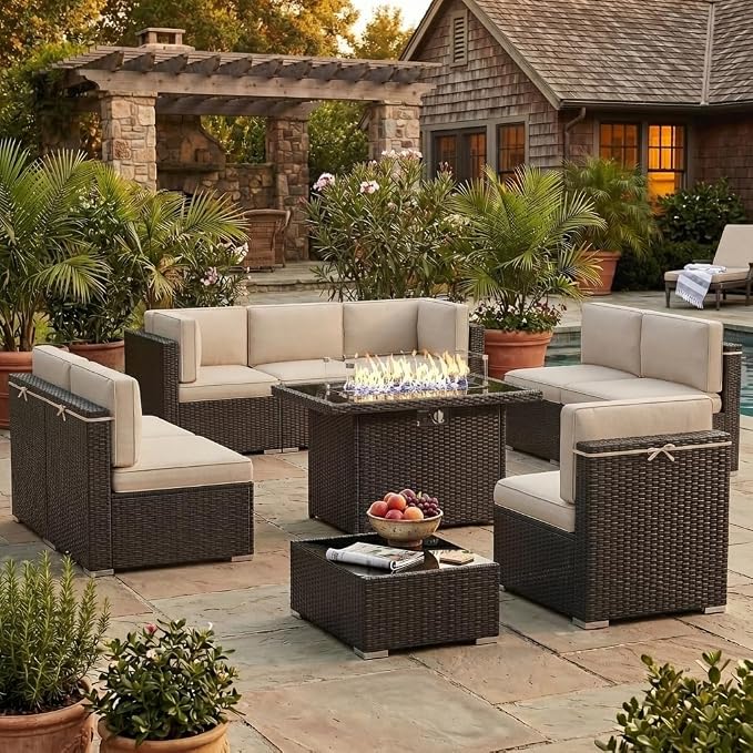10 Pieces Patio Furniture Set with 44" Propane Gas Fire Pit Table, Outdoor Sectional Brown Rattan Wicker Conversation Sofa Sets with Coffee Table