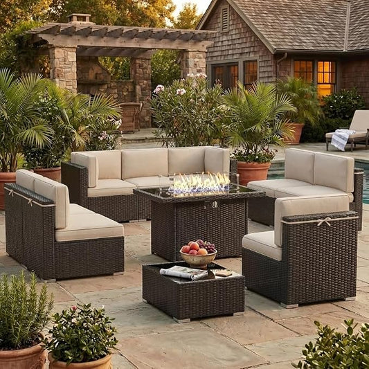 10 Pieces Patio Furniture Set with 44" Propane Gas Fire Pit Table, Outdoor Sectional Brown Rattan Wicker Conversation Sofa Sets with Coffee Table