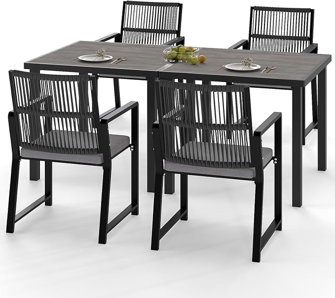 6 Pieces Outdoor Dinning Set Featuring 2 Aluminum Tables and 4 Iron Alloy Ratten Chairs Waterproof and Rust-Proof Courtyard Style Table Garden Balcony Poolside, Black 6 Pcs