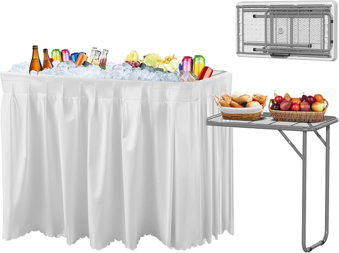 Folding Ice Cooler Table with Metal Side Desktop, Skirt &Drain Hose to Keep Drinks Cool, 4 Foot Portable Self-Serving Beverage Cooling Bar with Metal Shelf for Party, BBQ, Camping Picnic, White