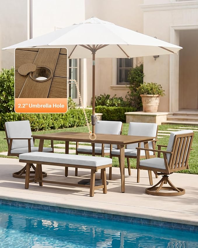 6-Piece Never-Rust Patio Dining Set, Aluminum Patio Furniture Set Includes Rectangle Dining Table, 2 Chairs, 2 Swivel Chairs & Outdoor Backless Bench, Patio Bench Set for Garden, Deck, Teak