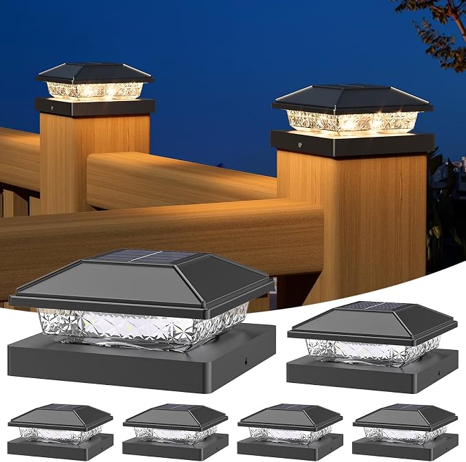 Solar Post Cap Lights,4x4 Post Solar Lights,Warm White,6 Pack Black | Fence Post Solar Lights for 4x4 Post Caps Wood Vinyl, IP64 Waterproof Solar Post Lights Outdoor, Solar Deck Post Lights