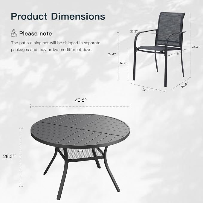 VICLLAX 5 Pieces Patio Outdoor Dining Set, 40.6" Round Metal Table with Umbrella Hole and Storage Shelf, 4 Stackable Textilene Chairs for Patio, Porch, Lawn, Garden, Black/Grey