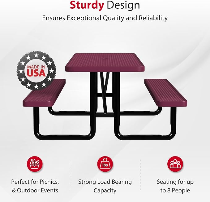 Leisure Craft Metal Picnic Table with Bench - 8 ft Rectangle Outdoor Dining Table for 8, Umbrella Hole, Weatherproof Heavy Duty Thermoplastic Coating, Commercial Grade Furniture Made in USA - Burgundy