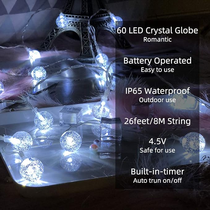 Metaku Cool White Globe String Lights Fairy Light 26ft 60LED & Remote | Battery Operated Indoor Outdoor Hanging String Lights Christmas Lights for Home Party Patio Garden Classroom Wedding