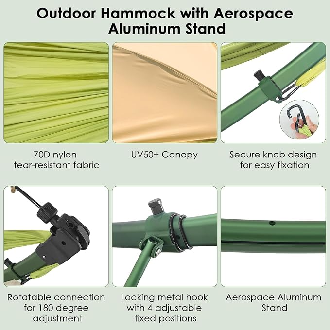 Portable Outdoor Hammock with Quick-Fold Stand,Adjustable Sunshade,Waterproof & UV-Resistant,Heavy-Duty 550lb Capacity,Travel 2-Person Hammock with Storage Bag for Camping,Backyard,Beach,Patio,Indoor