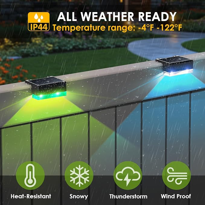 LIANGLOME 12PK Solar Fence Lights Outdoor Waterproof LED - Warm White & RGB 6 Color, Dusk to Dawn Deck Light, IP65 Waterproof Garden Lights for Outside/Backyard/Railing/Step/Patio/Wall