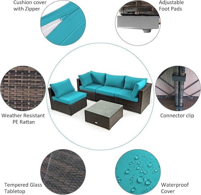 Tangkula 6 Piece Outdoor Rattan Sofa Set with 30in Propane Gas Fire Table, Ceramic Fire Tabletop, 50,000 BTU Heat Output, Cushions & Fire Pit Dust Cover, Patiojoy Weatherproof Wicker Set (Turquoise)