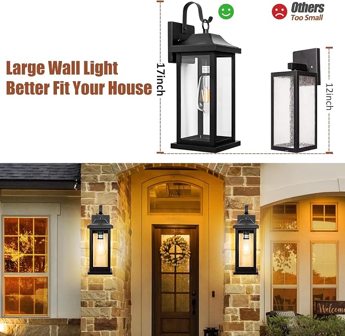 2-Pack Large Outdoor Light Fixtures Porch Lights Exterior Black | 17” Outdoor Sconces Wall Lighting for House Modern, Anti-Rust Waterproof Outside Sconces, Porch Wall Lanterns, ETL List