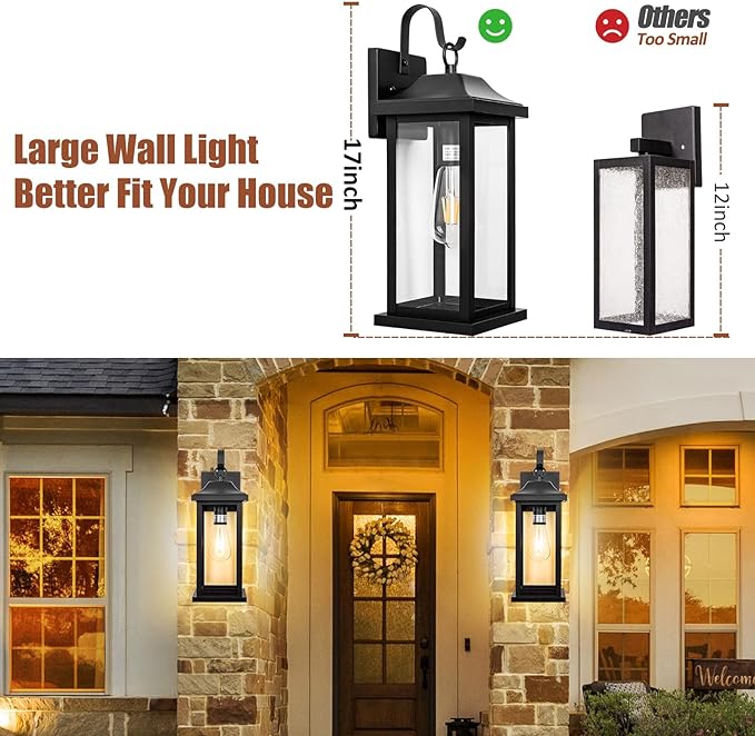 Large Black Outdoor Wall Light 17 Inch | 1 Pack ETL Listed, Exterior Light Fixture IP65 Waterproof, Weather Resistance Outside Wall Sconce for Front Door Backyard