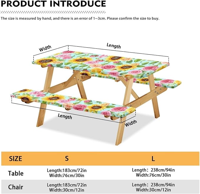 Picnic Table Cover with Bench Covers Elastic Edges, Rectangle Fitted Table Cover, Outdoor Patio Camping Essentials 72 Inch 3PCS, Waterproof Camping Fitted Tablecloth