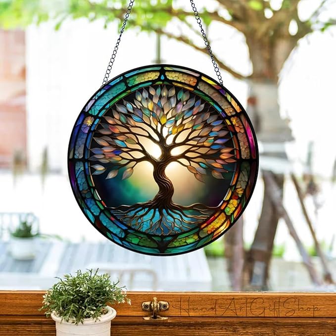 Colorful Tree of Life Suncatcher | 7.9 in, Stained Glass, Window Hanging Catcher, Garden Decor