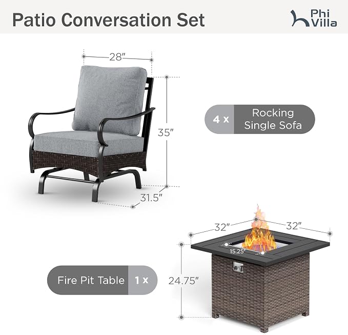Patio Furniture Set with 32" Fire Pit Table, Patio Conversation Sets 4 Rocking Chairs with Thick Cushion and 50000 BTU Fire Pit Table (5 Pieces,Grey