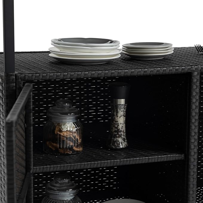 Outdoor Kitchen Island Wicker Rattan Bar Table, Glass Top Patio Serving Cart Rolling Bar Cart with 2-Tier Shelf & Cabinet for Patio Poolside Party (Black)