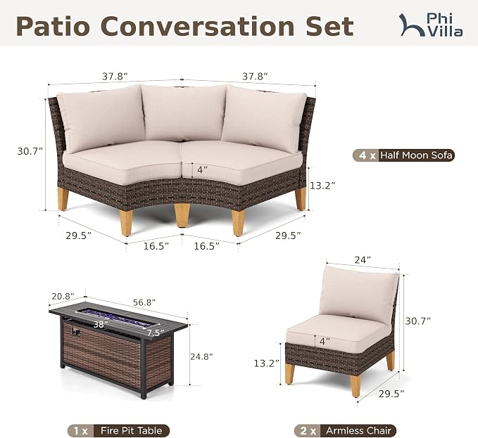 PHI VILLA 7-Piece Half Moon Patio Furniture Set with 56" Fire Pit Table, Outdoor Wicker Sectional Sofa with Thick Beige Cushions, Large Curved Conversation Seating for Garden or Backyard