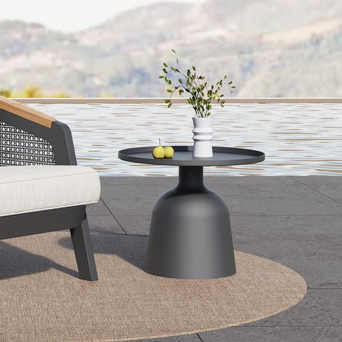 Outdoor Round Coffee Table Patio Boho Side Table Weather-Resistant Aluminum Side Tables Circle End Table for Balcony, Lawn, Garden, Living Room, Bedroom, Grey