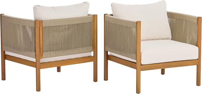 Merax 2 Piece Outdoor Club Chair with Acacia Wood Frame in Teak Look, Beige Rope Panels & Cream Water-Repellent Cushions for Patio & Garden