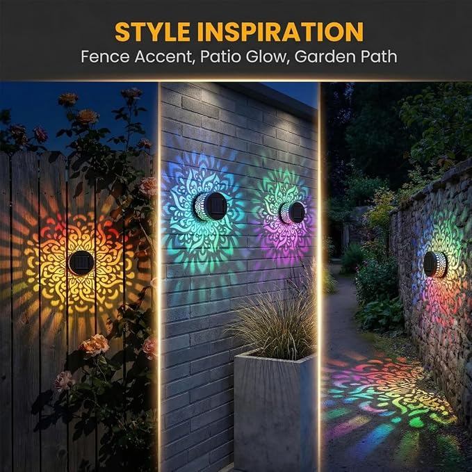 Lscsdf Seven-Color Changing Solar Mandala Projection Wall Light Decorative Solar Mandala Lights Outdoor Waterproof Metal Fence Lights for Yard Garden Post Patio Backyard Decor (1pc)