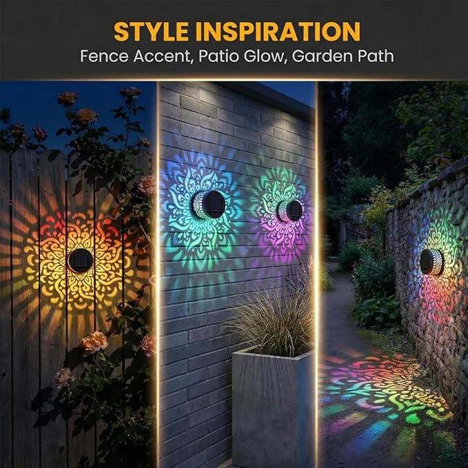 Lscsdf Seven-Color Changing Solar Mandala Projection Wall Light Decorative Solar Mandala Lights Outdoor Waterproof Metal Fence Lights for Yard Garden Post Patio Backyard Decor (2pcs)