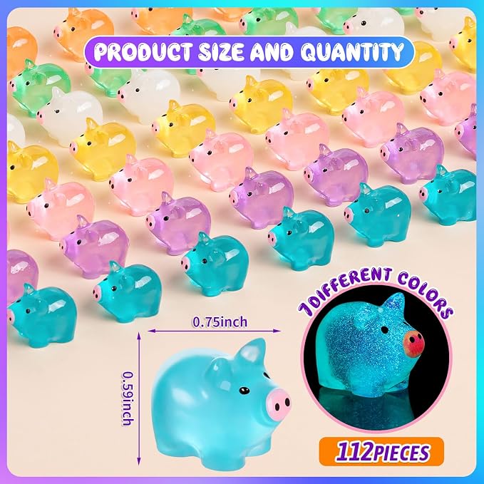 112PCS Luminous Mini Resin Pigs Figures Tiny Pig for Garden Landscape | Mini Pigs Figures Glow in The Dark, Tiny Pig Miniature Charms Ornament for Garden Landscape, Dollhouses Birthday Decor