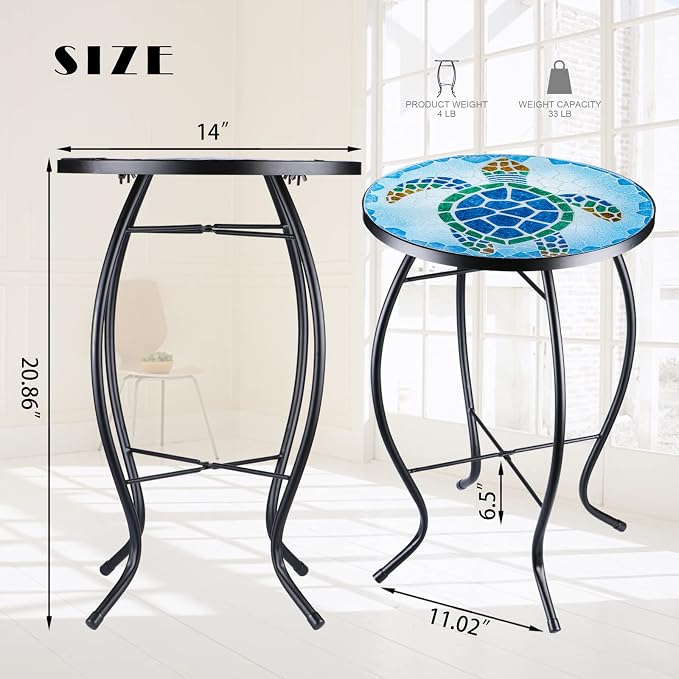 VCUTEKA Patio Side Table Outdoor Accent Table Bistro Coffee Table Plant End Table Small Porch Table Indoor Round Glass Balcony Plant Table Stands Sea Turtle 12''