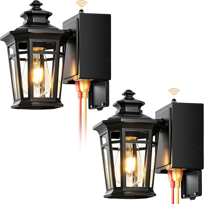 Gleamz Porch Lights with Outlet, Black 2-Pack Dusk to Dawn Outdoor Lighting with GFCI Outlet, 9in H Exterior Light Fixtures Waterproof Anti-Rust, Outside Lights for House,Front Door,Garage,Backyard