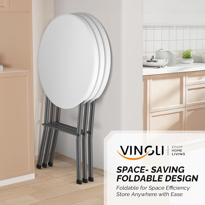 VINGLI 32" Plastic Folding Round Table Bar Height, HDPE Matrial with Gray Metal Finish, High Top Table for Outdoor Party, Cafes, Restaurants, Backyard, Dining Room, Wedding Event,1 Pack, White