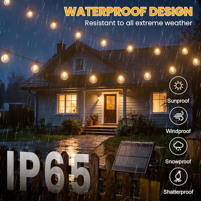 50FT Solar String Lights Outdoor Waterproof IP65 with USB-Charging , Solar Powered LED Patio Lights with 25+2 Shatterproof G40 Globe Bulbs, Hanging Lights for Outside Backyard Garden Bistro Gazebo