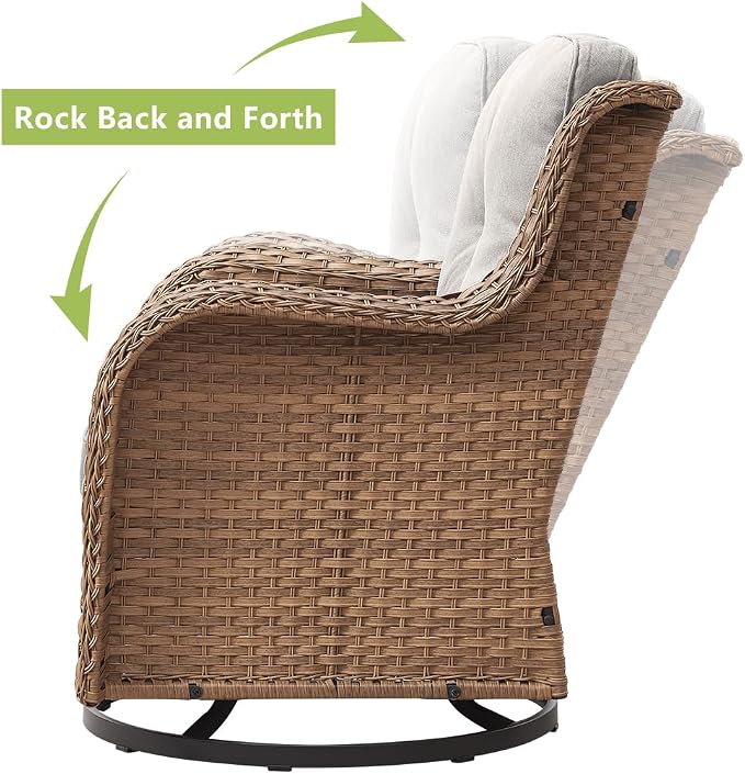HUMMUH Outdoor Swivel Rocker PE Wicker Patio Chairs Set of 2, Rattan Rocking Chair Furniture Set (Yellow,Beige)