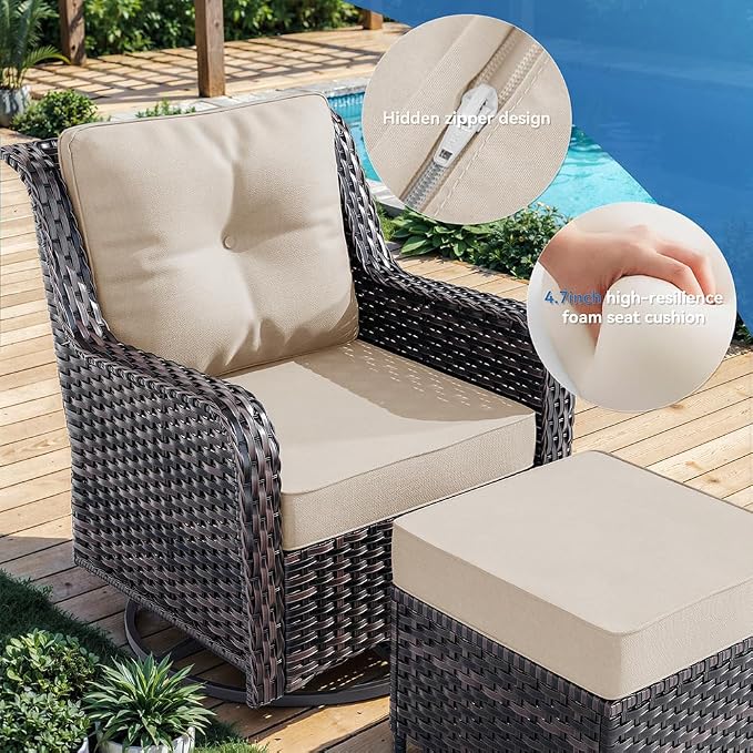 Kurapika 7-Piece Patio Furniture Set, Wicker Thick-Backed Outdoor Swivel Rocking Chair, Includes Coffee Table and Thick Cushions, Conversation Set for Porch,Patio, Sand