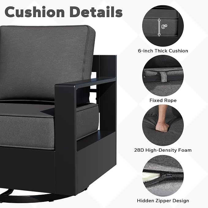 Outdoor Aluminum Furniture Set, 6-Piece Patio Conversation Set, 2 Swivel Chairs, 2 Chairs,1 Sofa and 1 Fireplace, All-Weather Metal Frame, 6" Thick Removable Cushions, Deep Setting for Porch