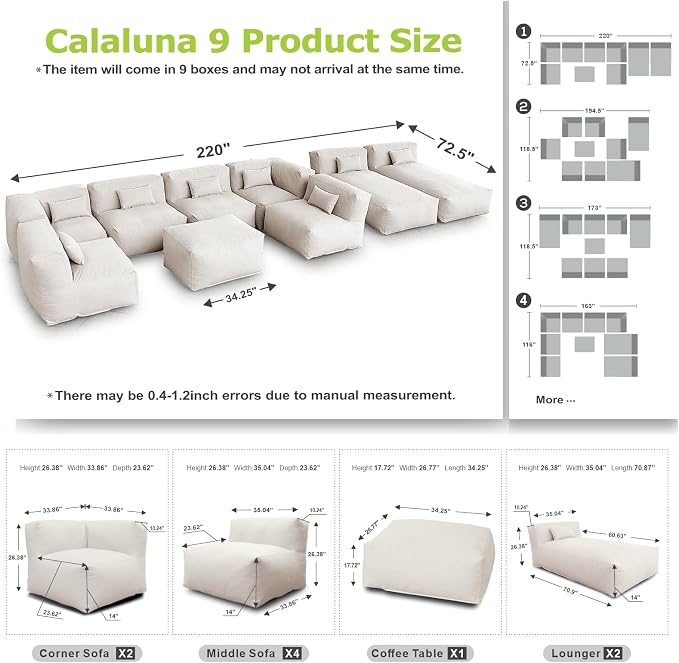 ANNYH Patio Eraclea 9PCS OUTDOOR Furniture Sectional Conversation Set - 2 Lounger 4Middle 2 Corner 1 Ottoman/Coffee-Expansion Foam Filling CHAIRS. UNIQUE Modular Contemporary Sofa (Light Beige)