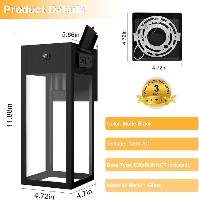 Dusk to Dawn Outdoor Light Fixtures Wall Mount, Outdoor Porch Lights with GFCI Outlet, Dusk to Dawn Outdoor Lighting for Doorway, Garage- Black, 1 Pack