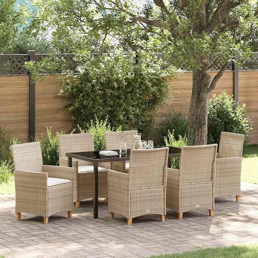 7 Piece Garden Dining Set, Weather-Resistant Poly Rattan Patio Furniture with Glass Top Table and 6 Comfortable Chairs for Outdoor Backyard Deck