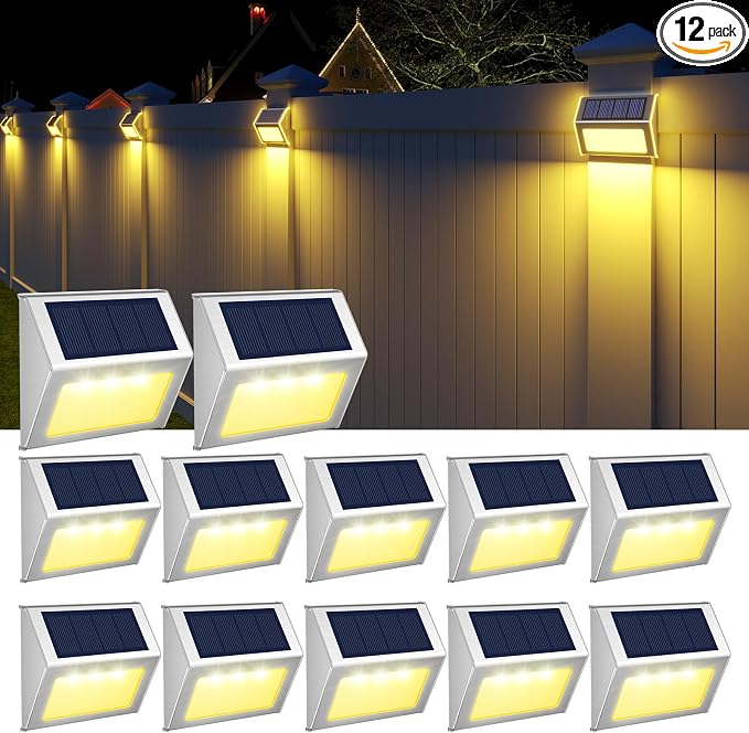 JSOT Solar Powered Lights Ideal for Step, Fence, Deck, Stair-Warm White-12P | Stainless Steel, Waterproof, Automatic Dusk to Dawn, Anti-Rust, Energy Efficient, Perfect for house decor