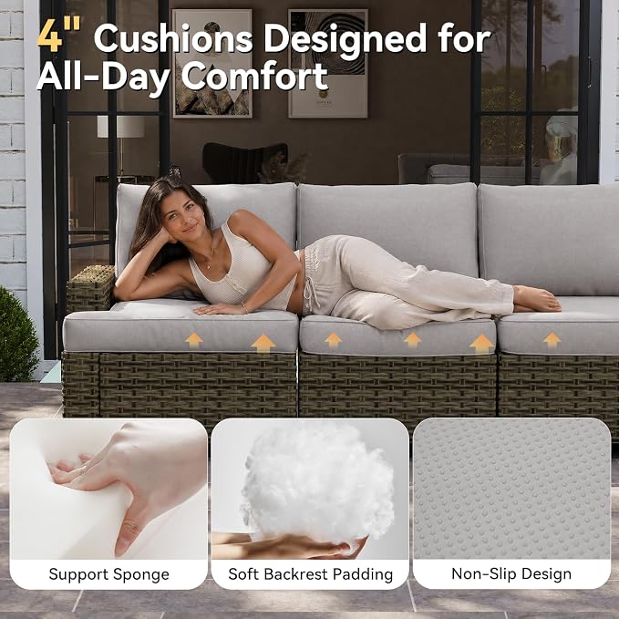 LazySunsets Luxury Patio Furniture Set, All-Weather Patio Sectional Sofas with Thickened Cushions, 6 Piece Outdoor Furniture Set, Grey