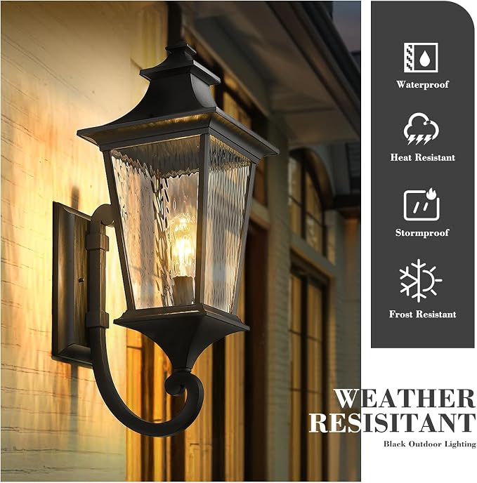 Emliviar 29.3" Large Exterior Wall Light, Outdoor Wall Sconce Suitable for House Porch, Water Ripple Glass in Black Finish, XE292UB-L SW BK
