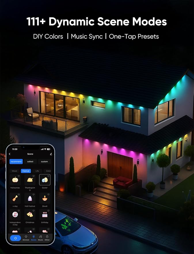 RGBW Permanent Outdoor Lights for House 100ft, with 72 LED Bulbs | IP65 Waterproof, 54 Scene Modes, 2700K Warm White, Individual Control, Permanent Lights Compatible with Alexa, Google