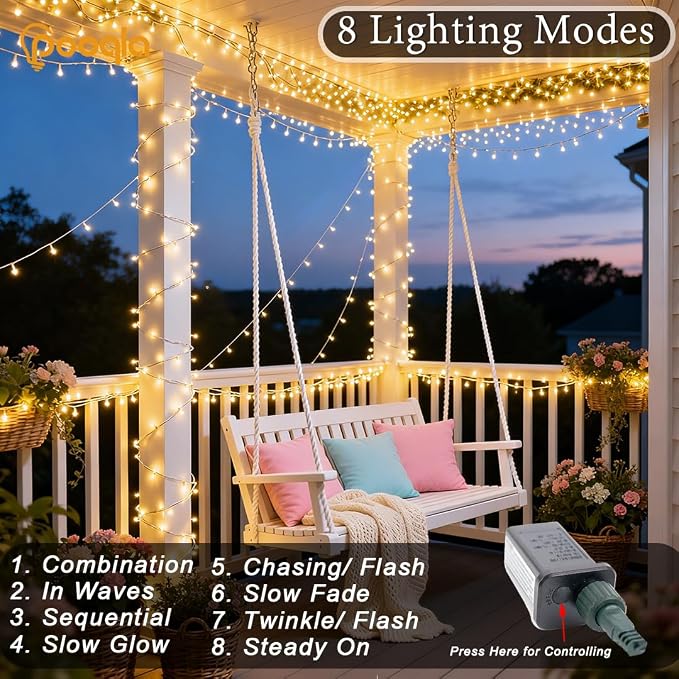 200 LED Warm White Christmas Lights Outdoor String Lights, 66 ft | Green Wire Waterproof Twinkle Fairy Lights Plug in with Timer, 8 Modes String Lights Indoor Bedroom Classroom Decor