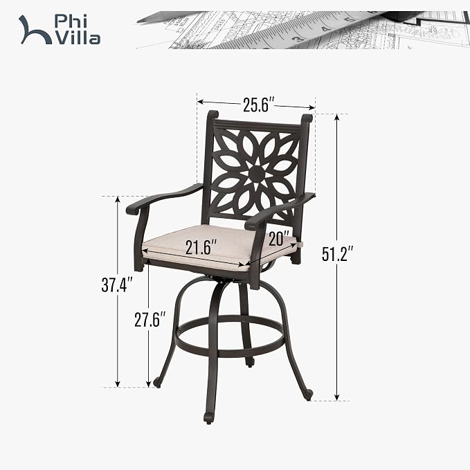 PHI VILLA Outdoor Swivel Bar Stools Set of 2, Cast Aluminum Patio Bar Height Chairs with Seat Cushion, All-Weather Bar Dining Chairs Metal Bistro Chairs