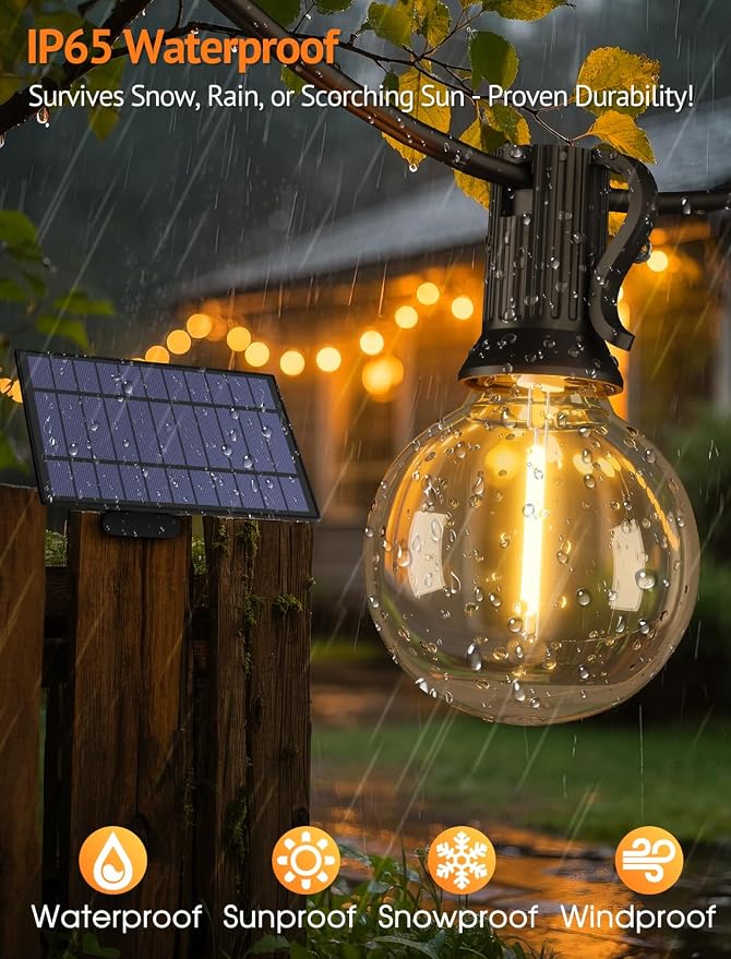 75FT(3x25FT) Solar String Lights with Remote, 30+3 G40 Bulbs, Black | Solar Powered, Dusk to Dawn, Dimmable, Timer, Memory Function, LED Globe Hanging Lights for Balcony Pergola Porch Decor
