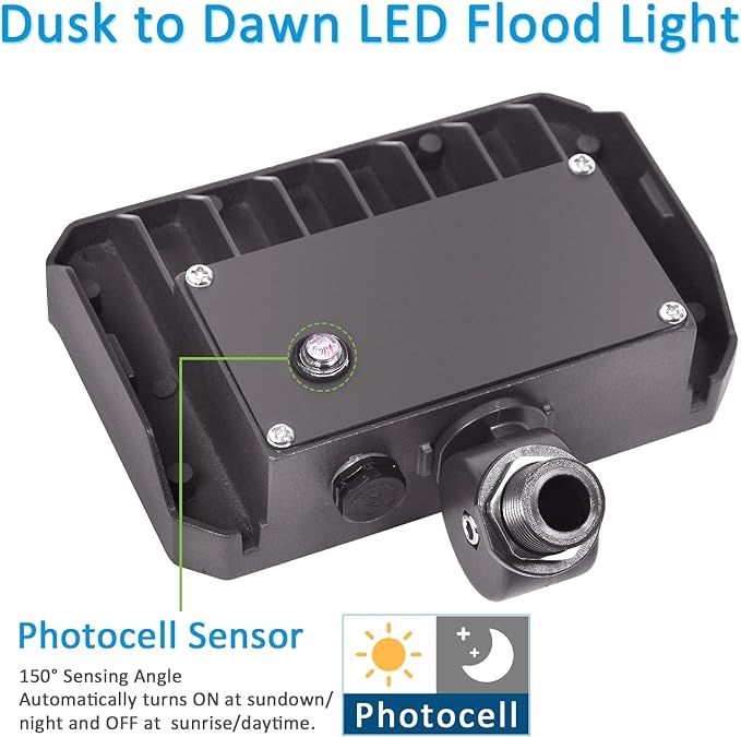 60W LED Flood Light with Knuckle, Outdoor Security Fixture Dusk-to-Dawn Photocell 5000K 7,800lm(300W Equivalent) 100-277V IP65 Waterproof with Base for Wall Mount for Entrance Garden Yard