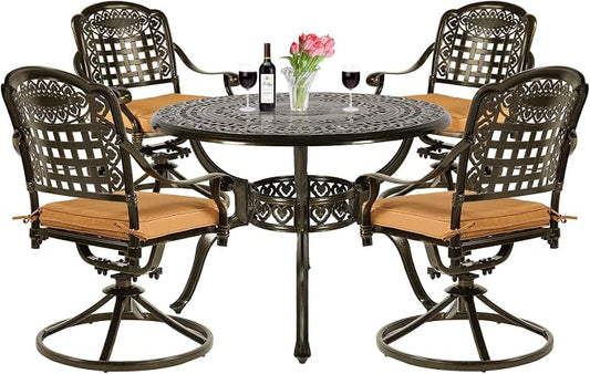 VIVIJASON 5-Piece Outdoor Patio Dining Set, All-Weather Cast Aluminum Conversation Set, Patio Furniture Set for Balcony Lawn Garden, Include 4 Swivel Chairs, a 38.5" Round Table w/Umbrella Hole